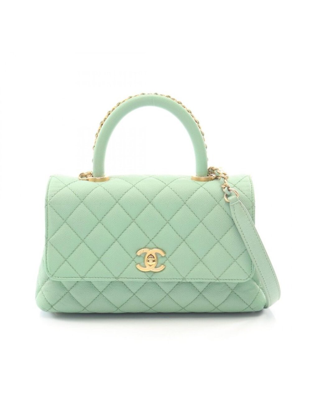 Chanel Handbag Coco Handle Flap Quilted 2-Way Mint Green Caviar Leather Chain